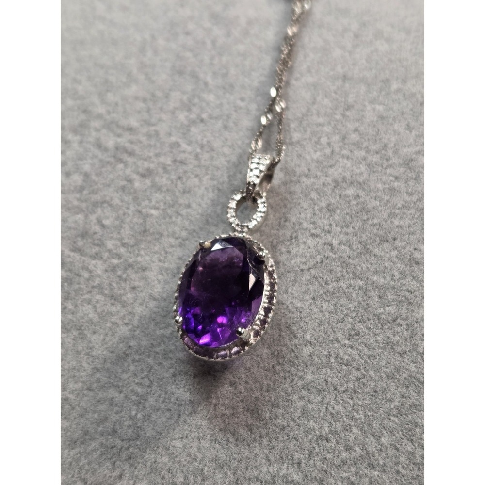 Sterling Silver 925 Amethyst Oval Pendant Necklace 18in Purple Gemstone 4.48g